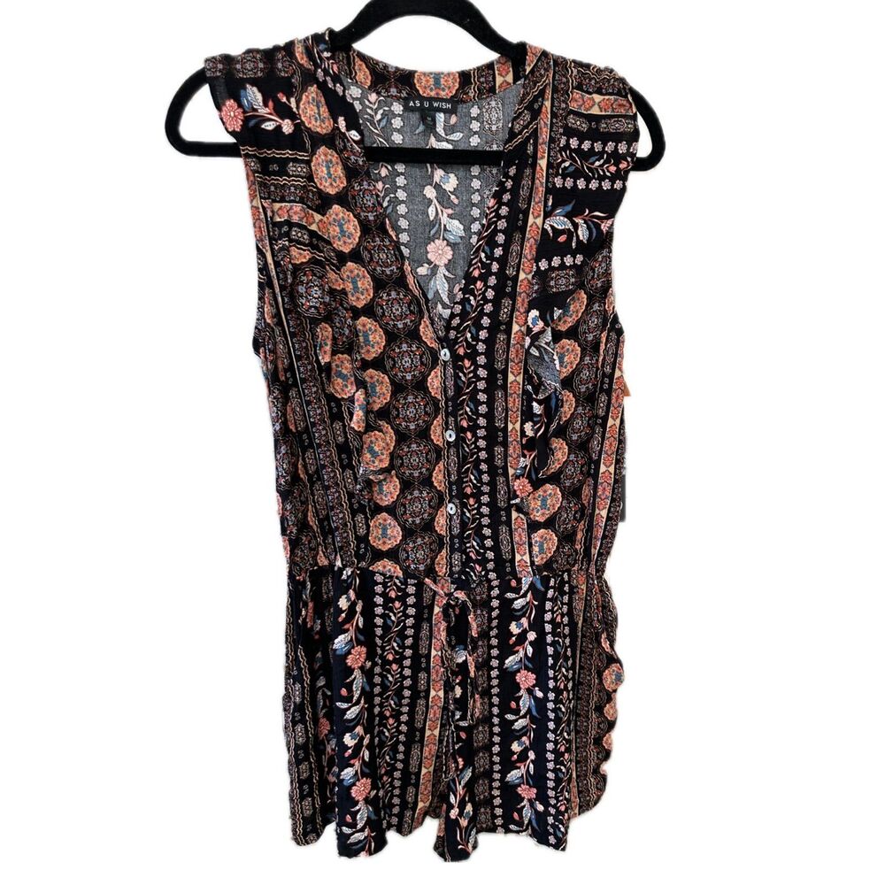 NWT As U Wish Medallion Floral Paisley Crinkle Drawstring Waist Playsuit Romper
